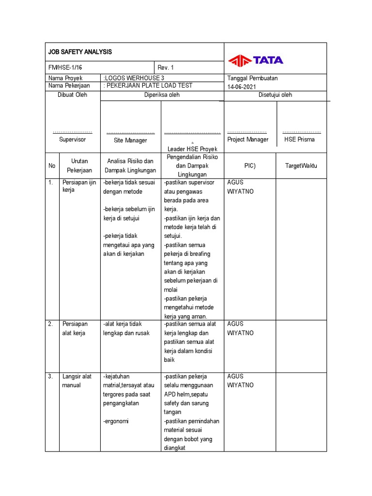 FM - Hse Jsa Pekerjaan Plate Load Test | PDF