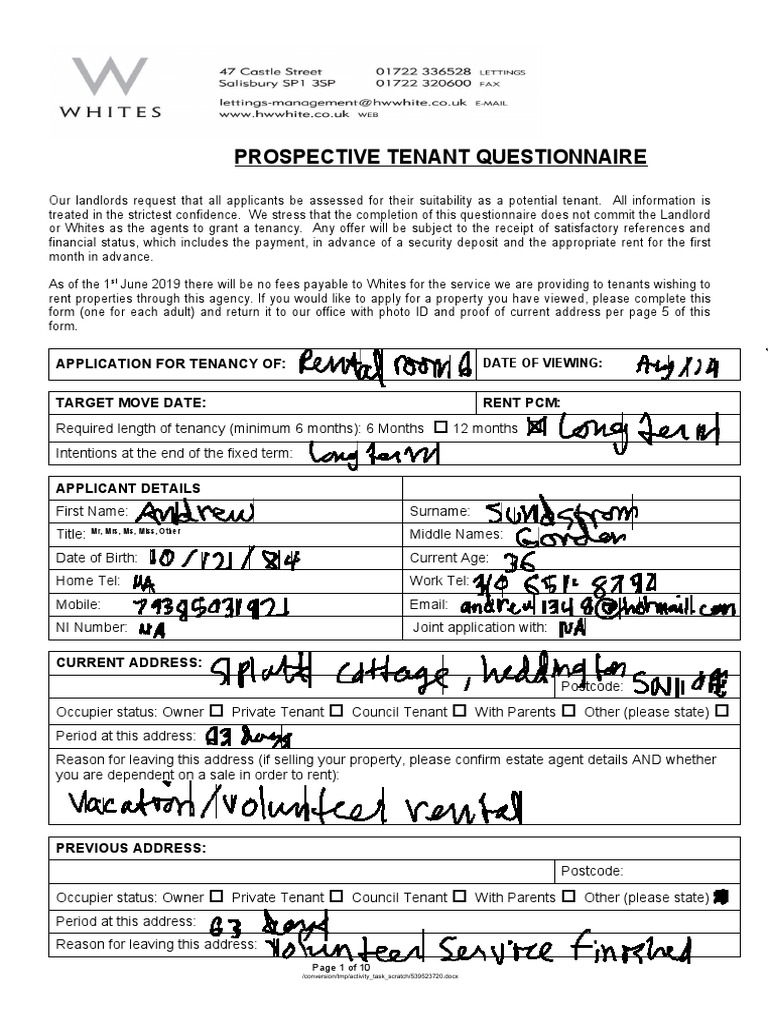 Prospective Tenant Questionnaire Form | PDF | Leasehold Estate | Landlord