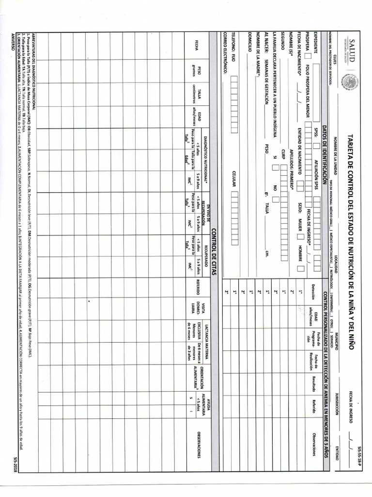 Tarjeta de Control Del Estado de Nutricion de La Niño y Niño | PDF
