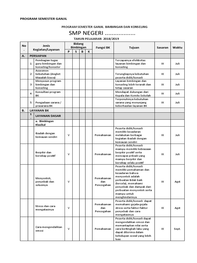 Program Semester BK SMP 2018/2019 | PDF