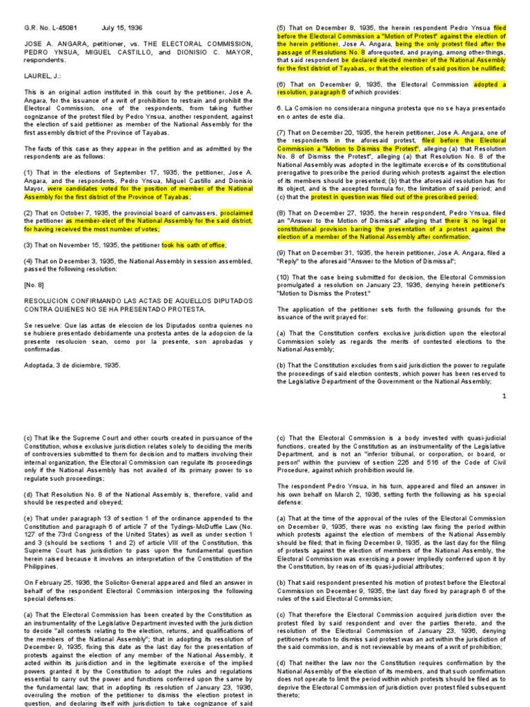 Angara vs. Electoral Commission Case | PDF | Jurisdiction | Constitution