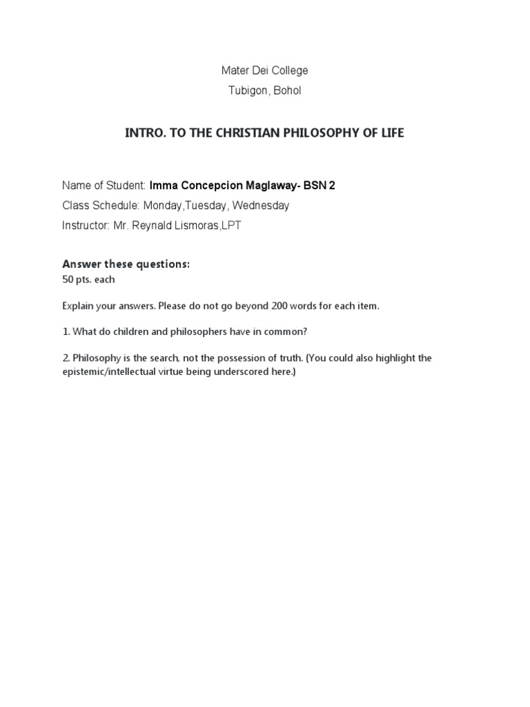 Intro. To The Christian Philosophy of Life: Mater Dei College Tubigon