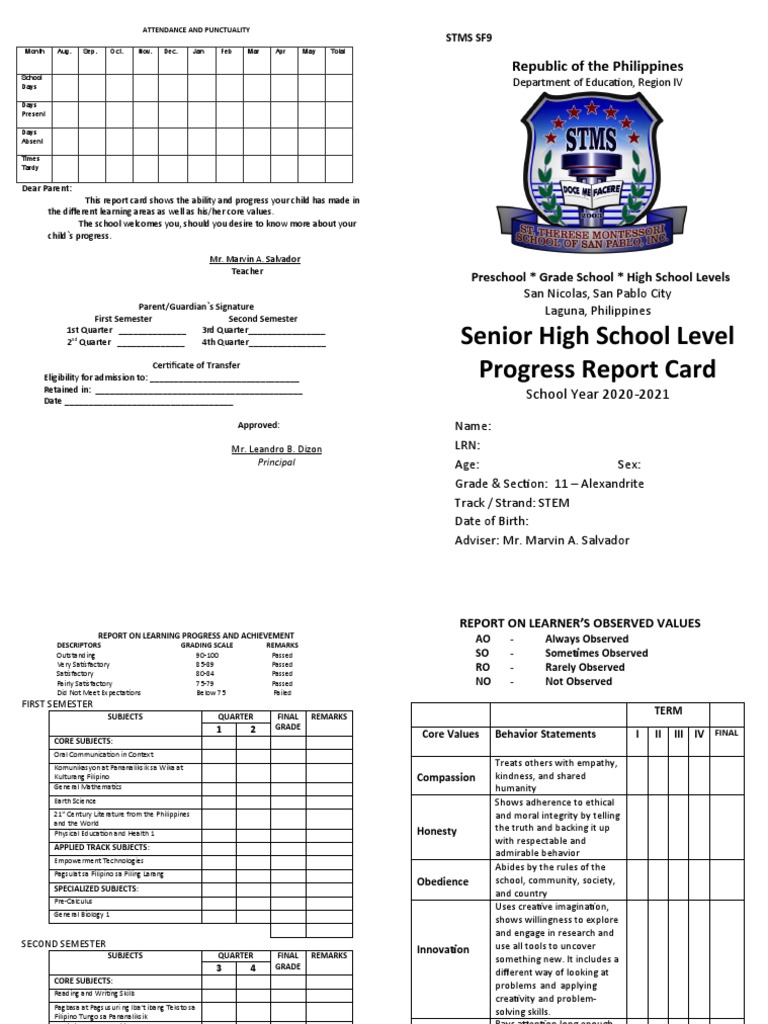 Senior High School Level Progress Report Card: Republic of The ...