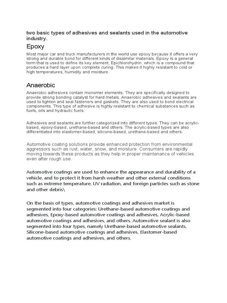 Epoxy Two Basic Types of Adhesives and Sealants Used in The Automotive