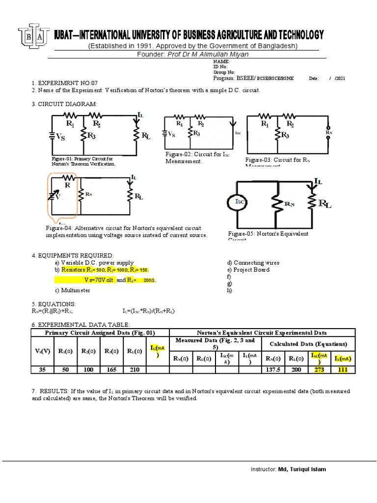 Experiment-7 - Norton's Theorem | PDF | Electrical Network | Electrical ...