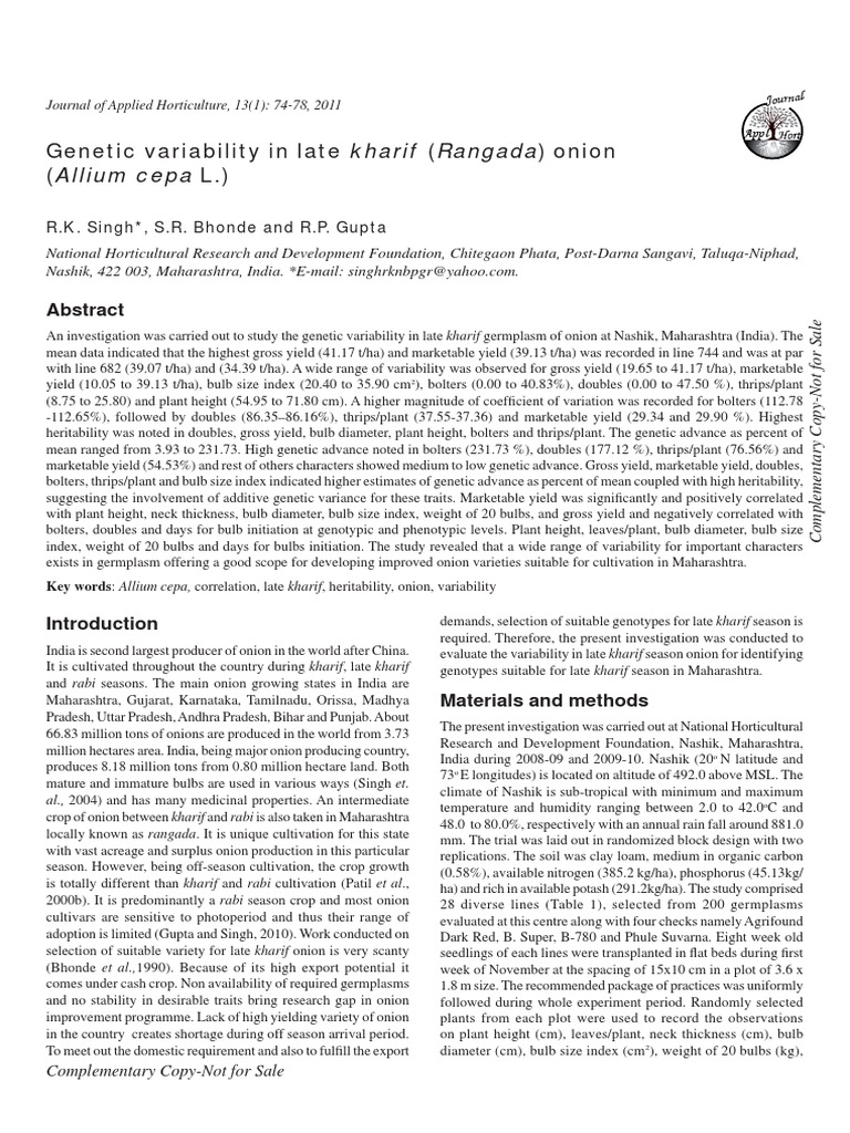 Genetic Variability in Late Kharif Onion | PDF | Heritability | Onion