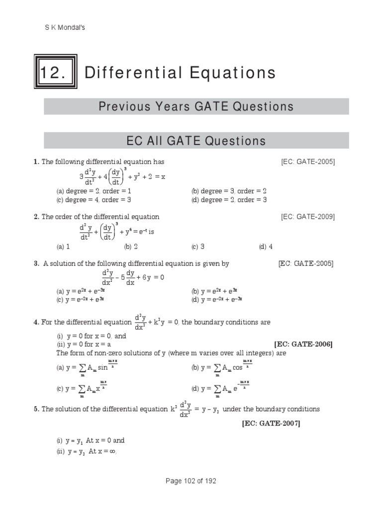 Differential Equations: Previous Years GATE Questions EC All GATE ...