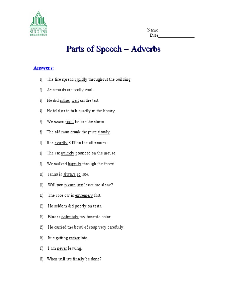 Parts of Speech - Adverbs | PDF