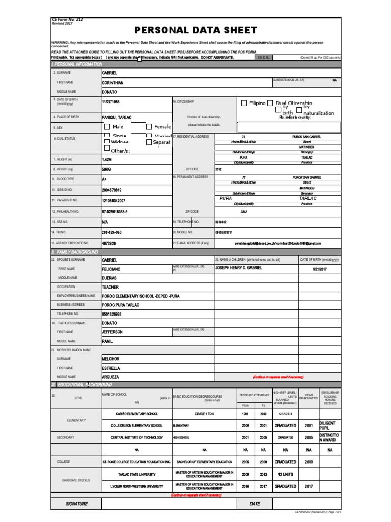 Personal Data Sheet (PDS) Example | PDF | Government | Justice