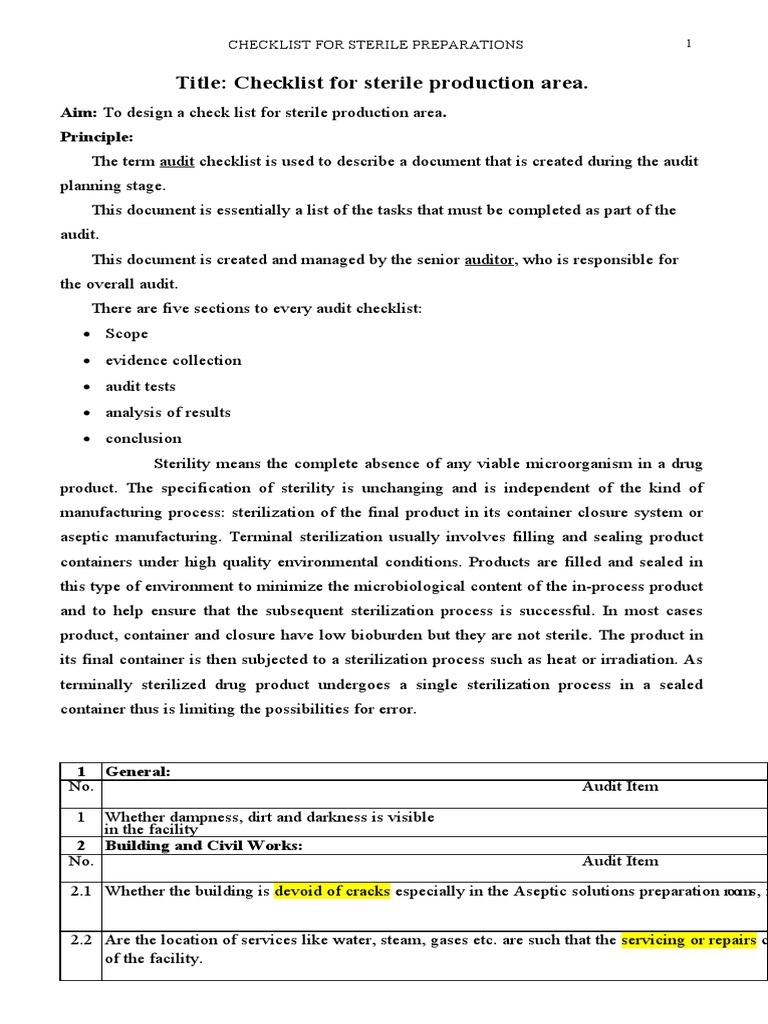 Audit Checklist Sterile Production Area PDF Sterilization