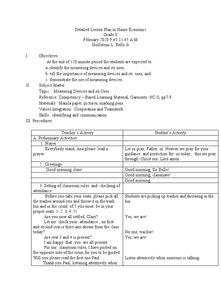 Detailed Lesson Plan in Home Economic PDF Lesson Plan Prayer