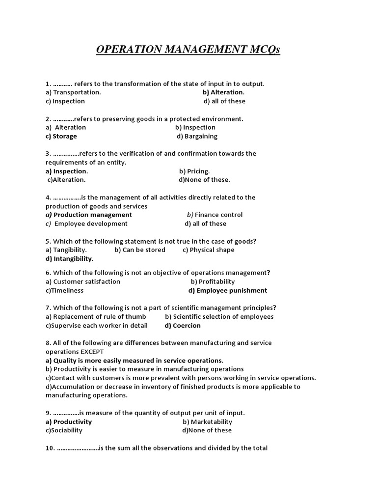 Operation Management Mcqs A Production Management B Finance Control