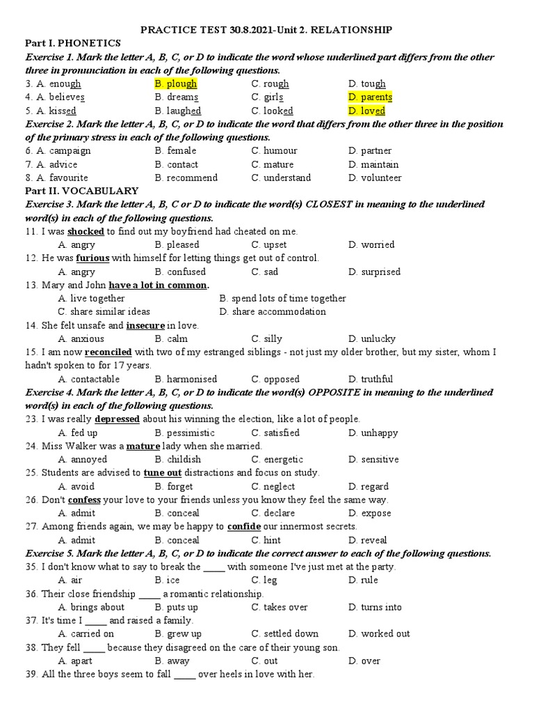 PRACTICE TEST 30 8 2021 Unit 2 RELATIONSHIP Part I Phonetics PDF 