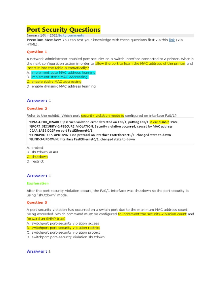 Port Security Questions Answer PDF Wireless Lan Wireless Access Point