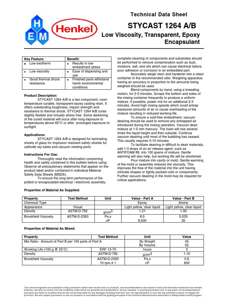 Stycast 1264 A/B Low Viscosity, Transparent, Epoxy Encapsulant PDF