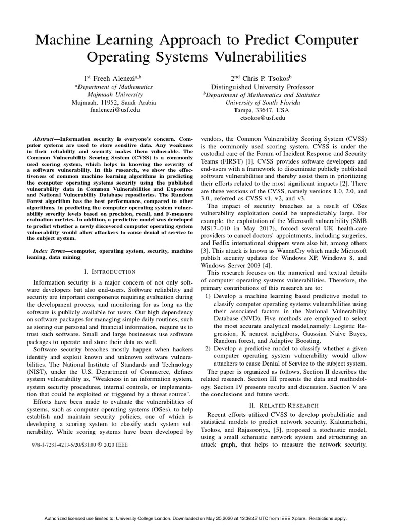 2020 Machine Learning Approach To Predict Computer Vunerability | PDF ...