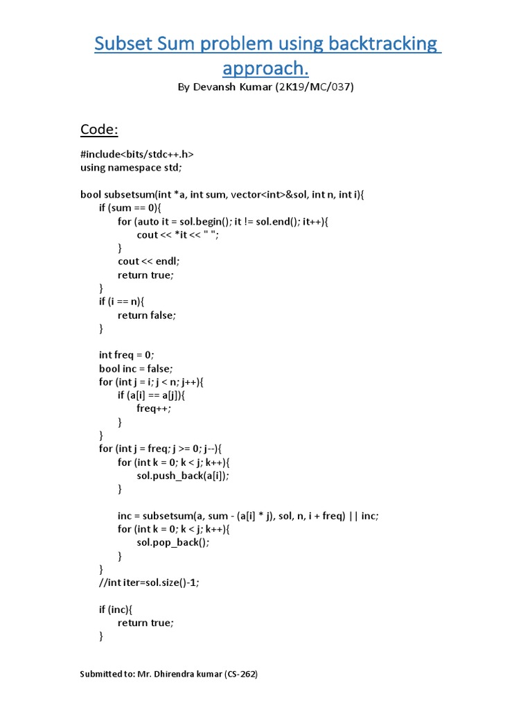 Subset Sum Problem Using Backtracking Approach.: Code | PDF