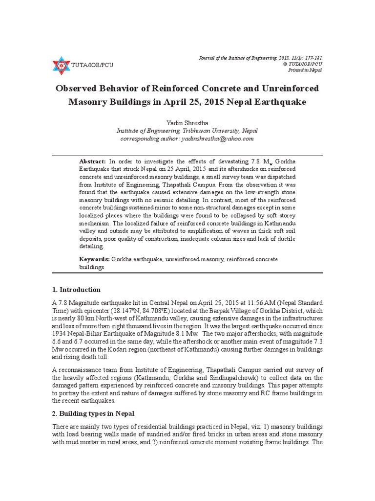 Observed Behavior of Reinforced Concrete and Unreinforced Masonry ...