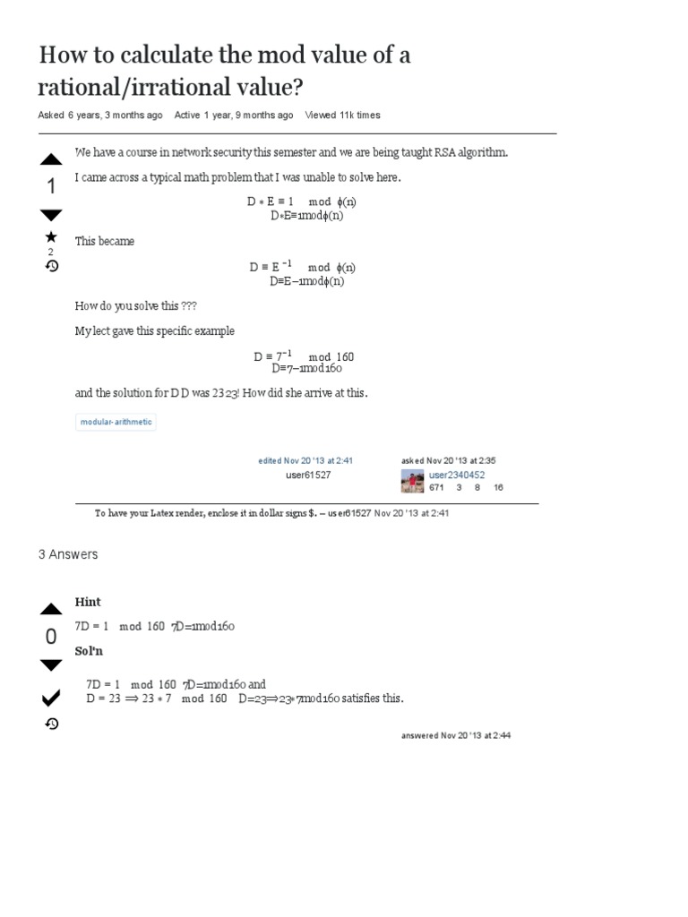 Calculating Modular Inverses in RSA | PDF | Number Theory | Algebra