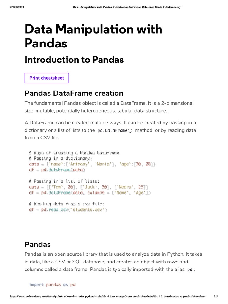 Data Manipulation With Pandas - Introduction To Pandas Reference Guide ...