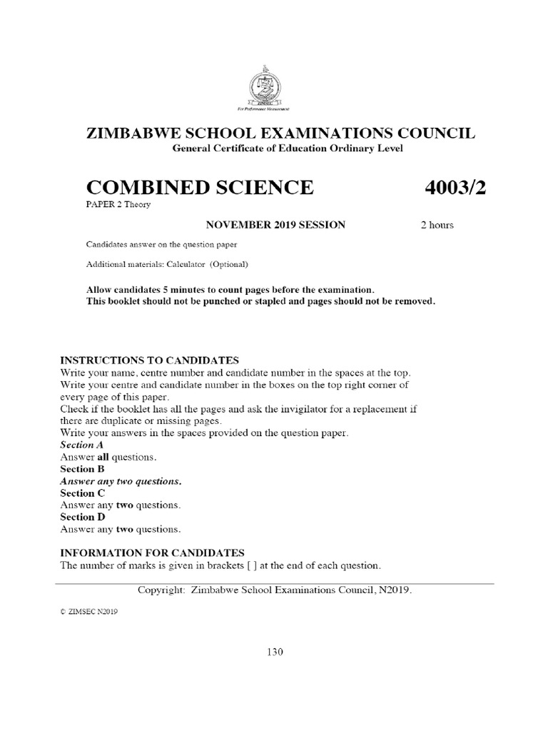 Zimsec O Level Combined Science November 2019 Past Exam Paper 2 .PDF ...