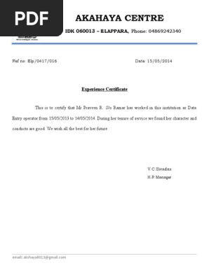 Experience Certificate