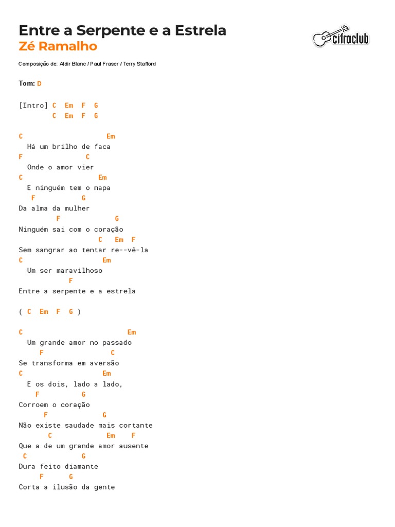 Cifra Club Zé Ramalho Entre a Serpente e a Estrela PDF