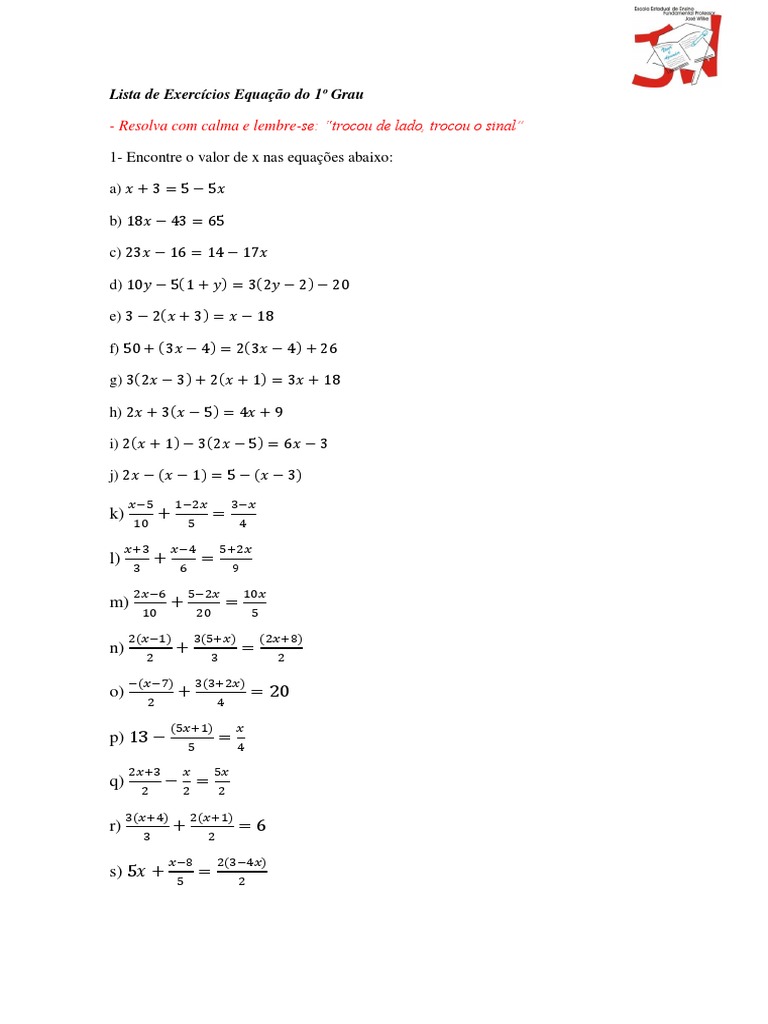 Lista de Exercícios Equação Do 1º Grau | PDF