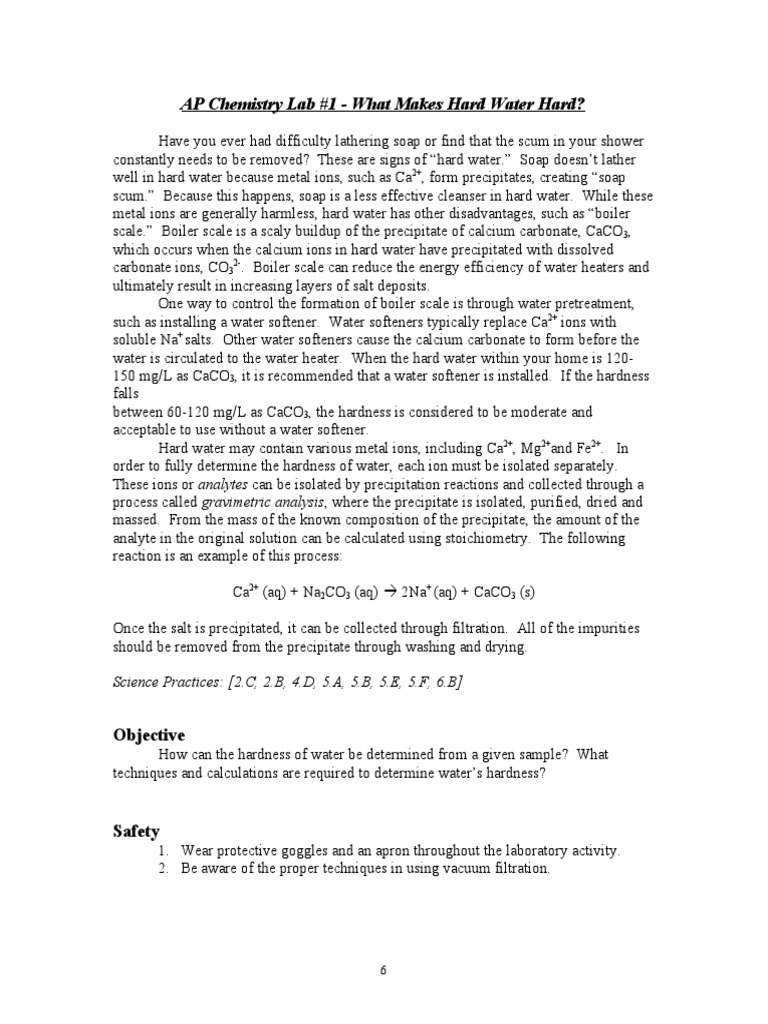 AP Chemistry Lab 1 What Makes Hard Water Hard? Objective PDF