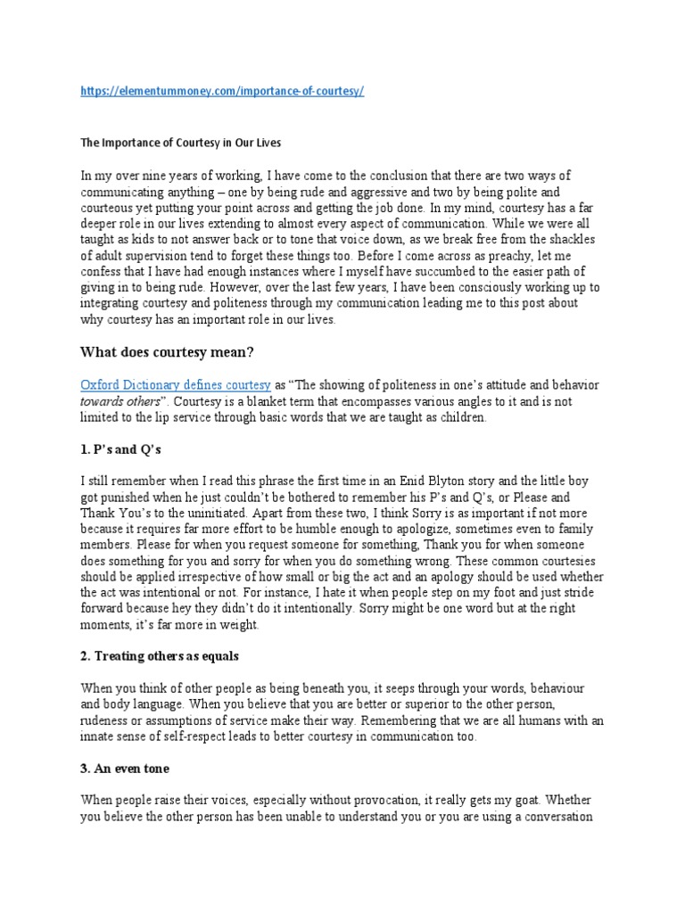 What Does Courtesy Mean? The Importance of Courtesy in Our Lives PDF