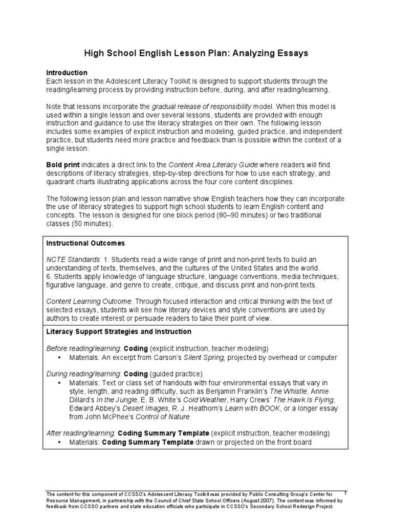 High School English Lesson Plan: Essays | PDF | Essays | Reading ...