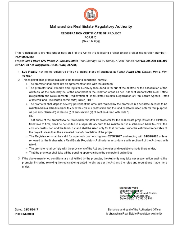 RERA Certificate SVB Future City PH 2 PDF Government Justice