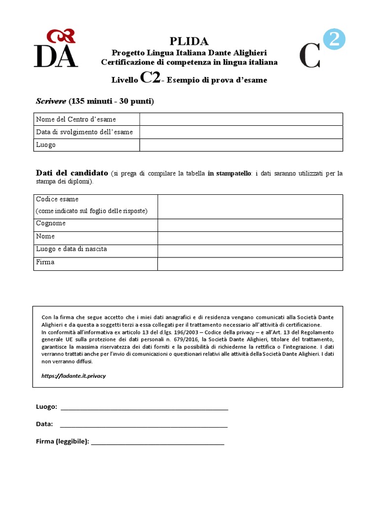 PLIDA C2 Prova Esempio Scrivere | PDF