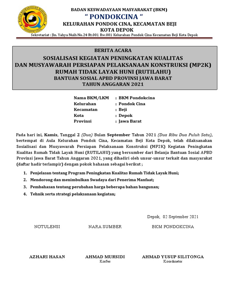 Berita Acara Sosialisasi & Mp2k BKM Palaka | PDF