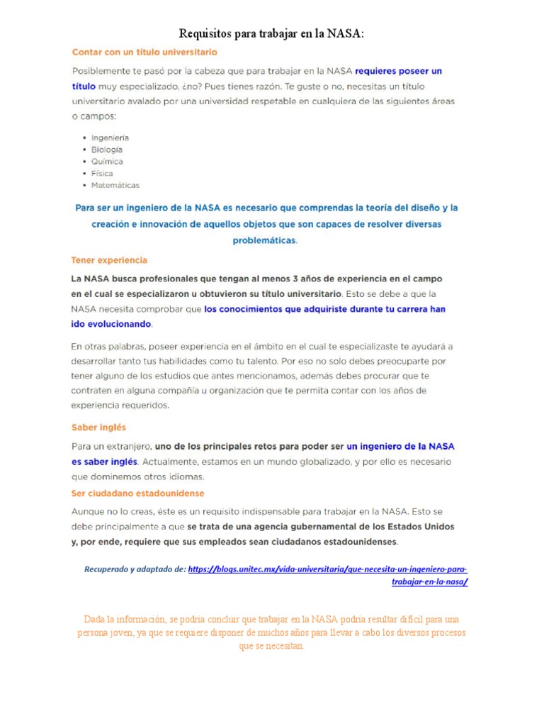 Requisitos para trabajar en la NASA | PDF