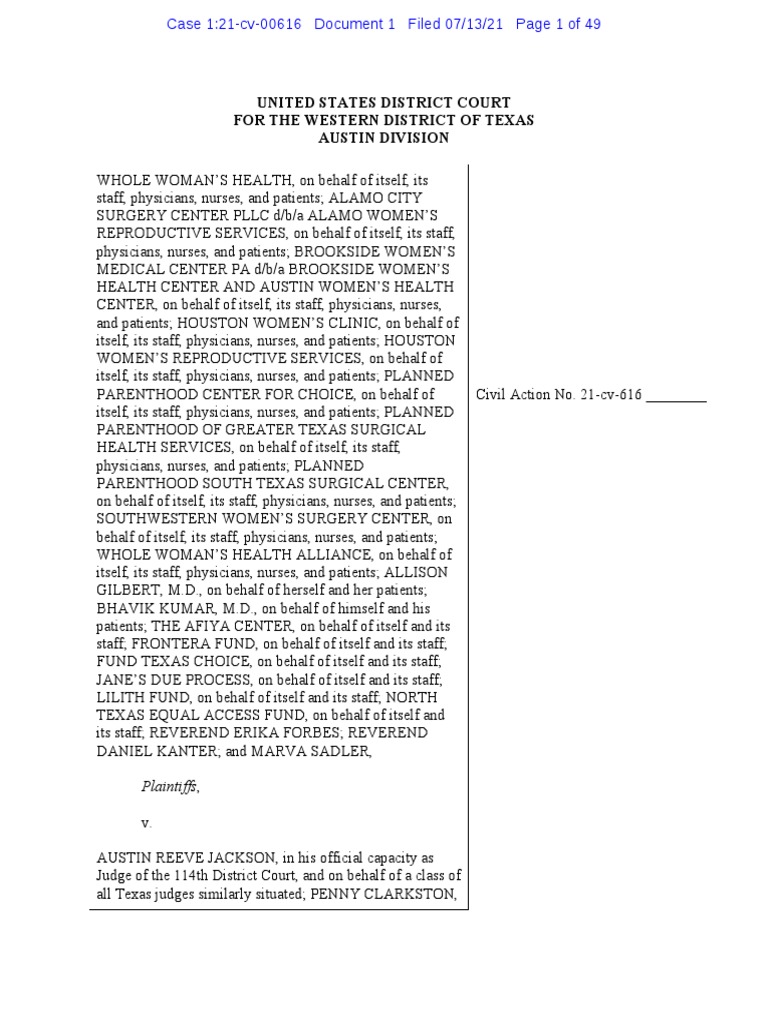 Whole Woman's Health v. Jackson Re TXSB8 PDF Lawsuit Abortion