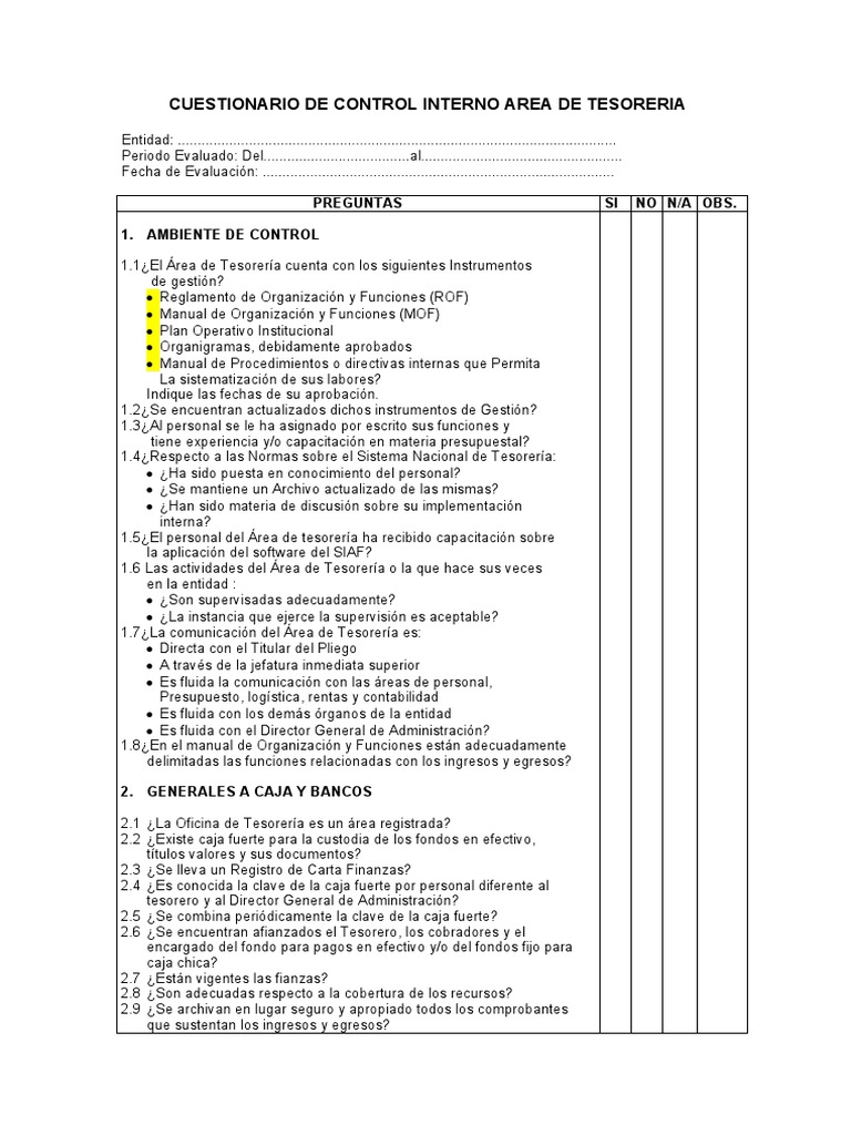 Cuestionario de Control Interno en Tesorería | PDF | Contabilidad ...