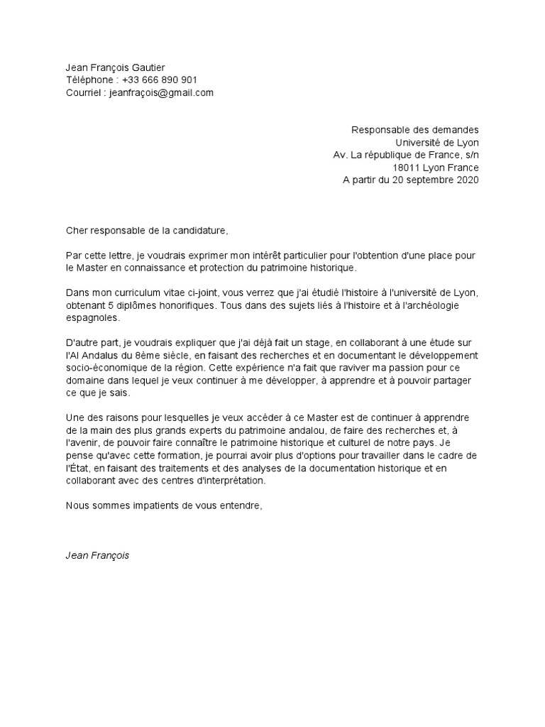 Lettre De Motivation Parcoursup Histoire De L art Et Archéologie Lettre de Motivation Master | PDF