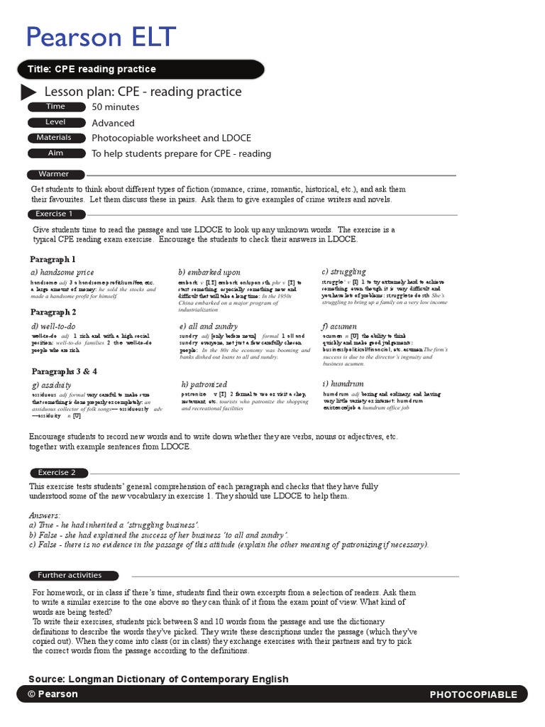 Lesson Plan: CPE - Reading Practice | PDF | Linguistics