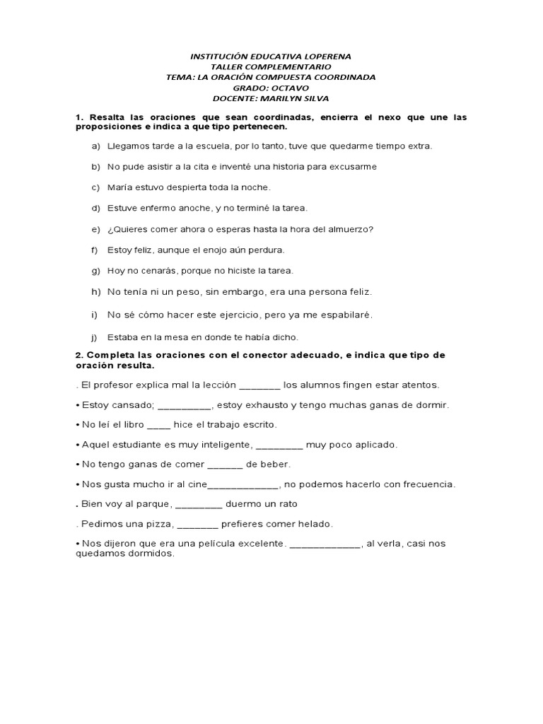 Análisis de Oraciones Coordinadas | PDF | Artes del Lenguaje y ...