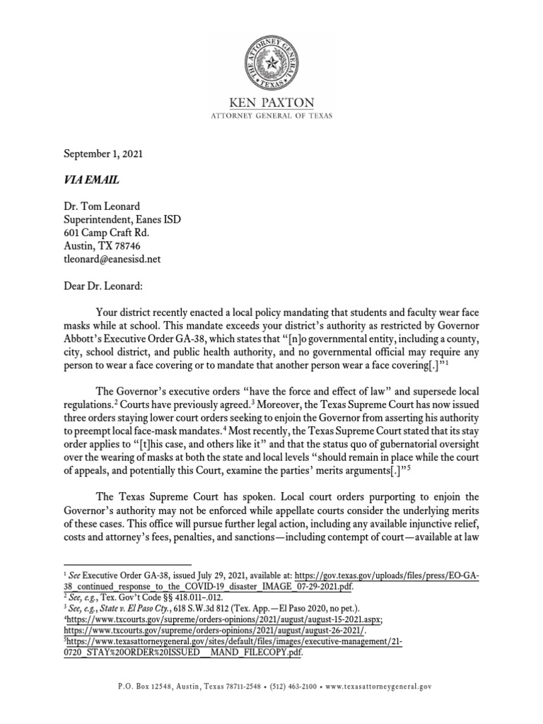 Office of Attorney General Correspondence (Eanes ISD) PDF Injunction Constitutional Law
