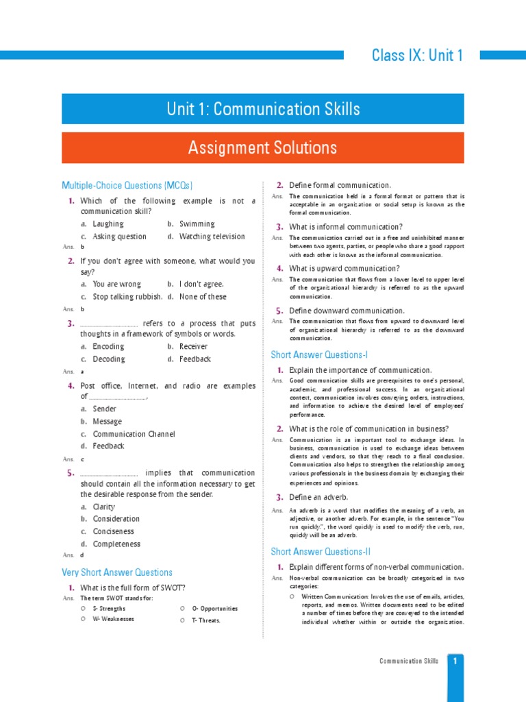 Class 9 Communication Skills MCQs | PDF | Communication | Adverb