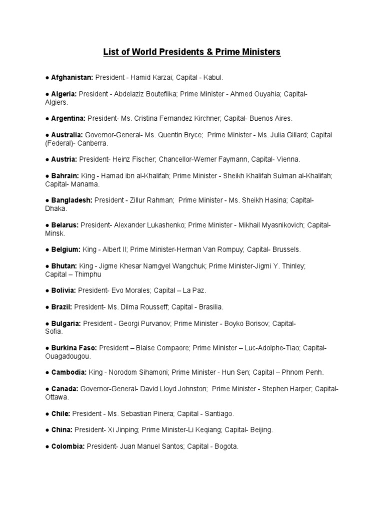 List of World Leaders & Capitals | PDF | Government | Politician