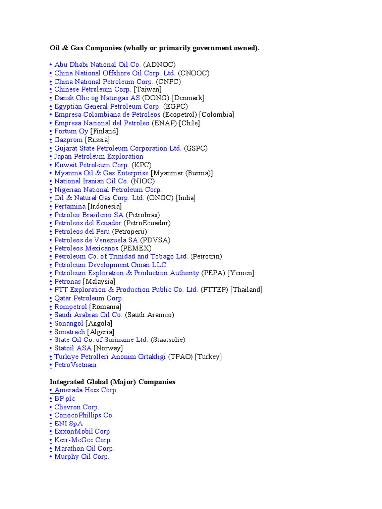 Oil Company List PDF Fossil Fuels Oils