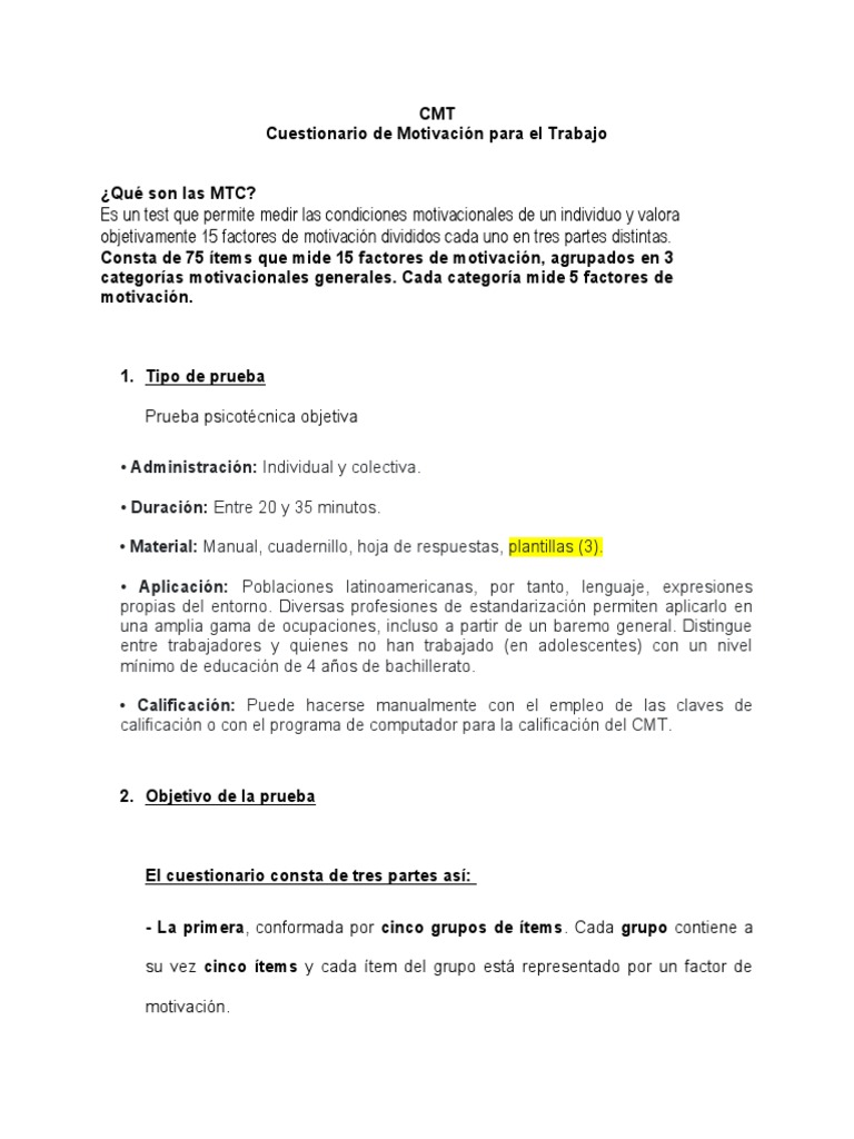 Cuestionario de Motivación Laboral CMT | PDF | Motivación | Motivacional