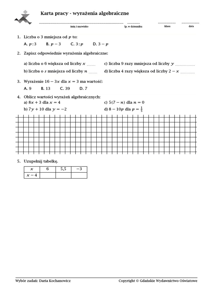 Sprawdzian Z Matematyki Klasa 7 Wyrażenia Algebraiczne