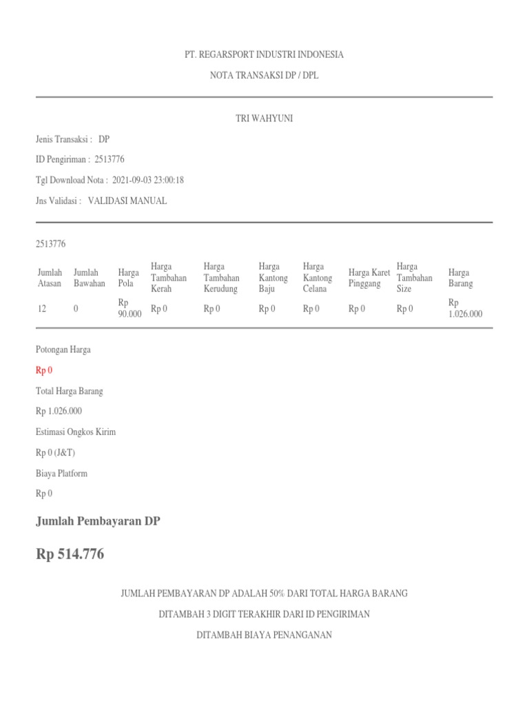Nota Input Transaksi DP 2513776 | PDF