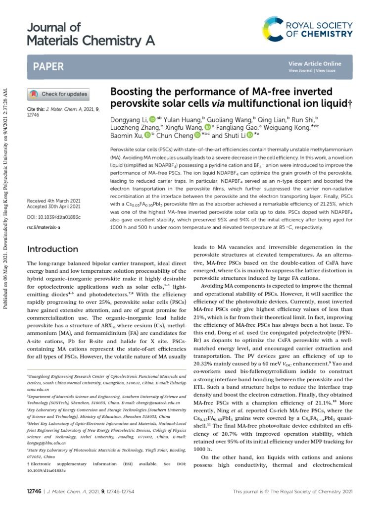 Boosting The Performance of MA-free Inverted Perovskite Solar Cells ...