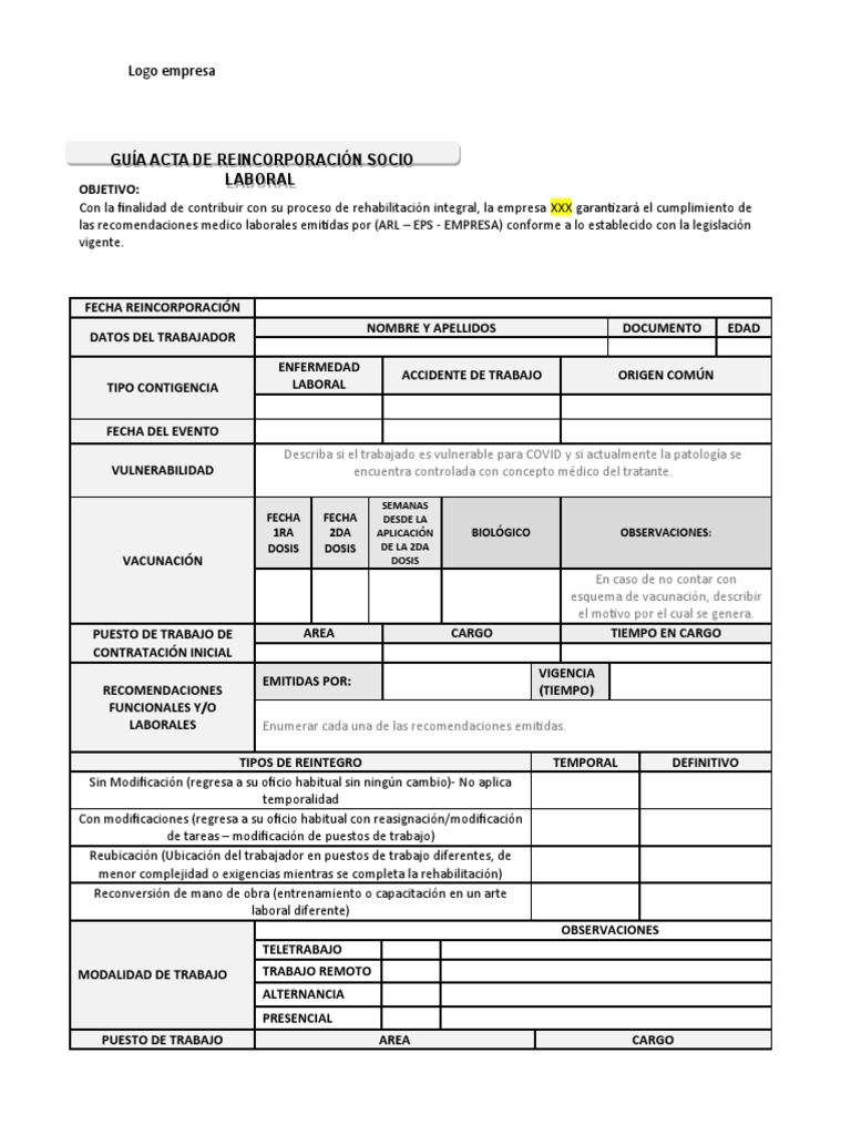 Acta de Reincorporación Laboral | PDF | Especialidades Medicas ...