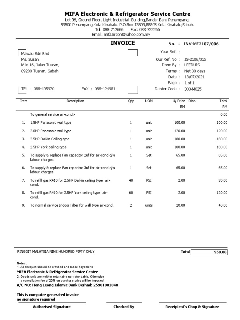 MIFA Electronic & Refrigerator Service Centre Invoice PDF